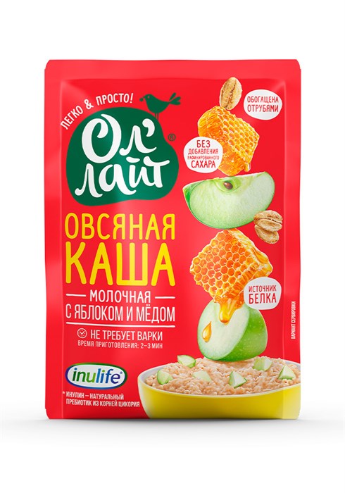 Овсяная молочная каша быстрого приготовления «С яблоком и медом», 40 г (0,34 б) OL01014 - фото 415